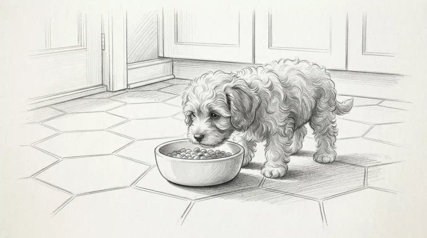 Havapoo puppy eating from a ceramic bowl