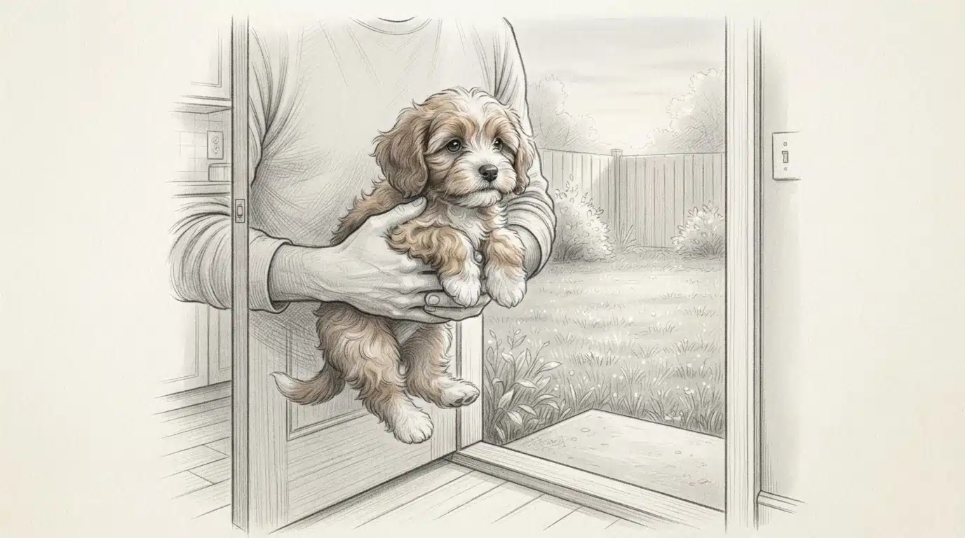 Owner carries Cavapoo puppy into yard at dawn