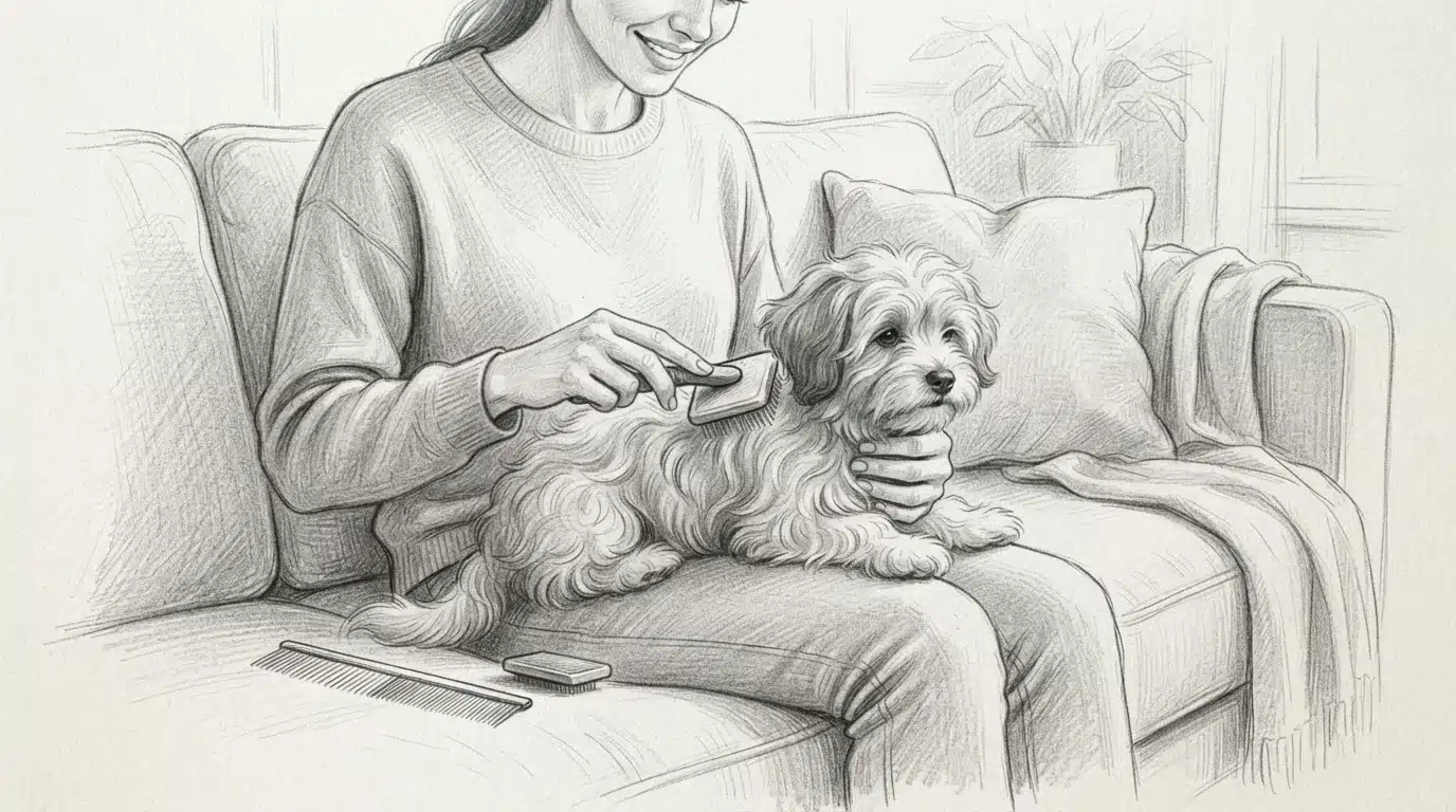 Pencil sketch of owner brushing a fluffy Havanese puppy