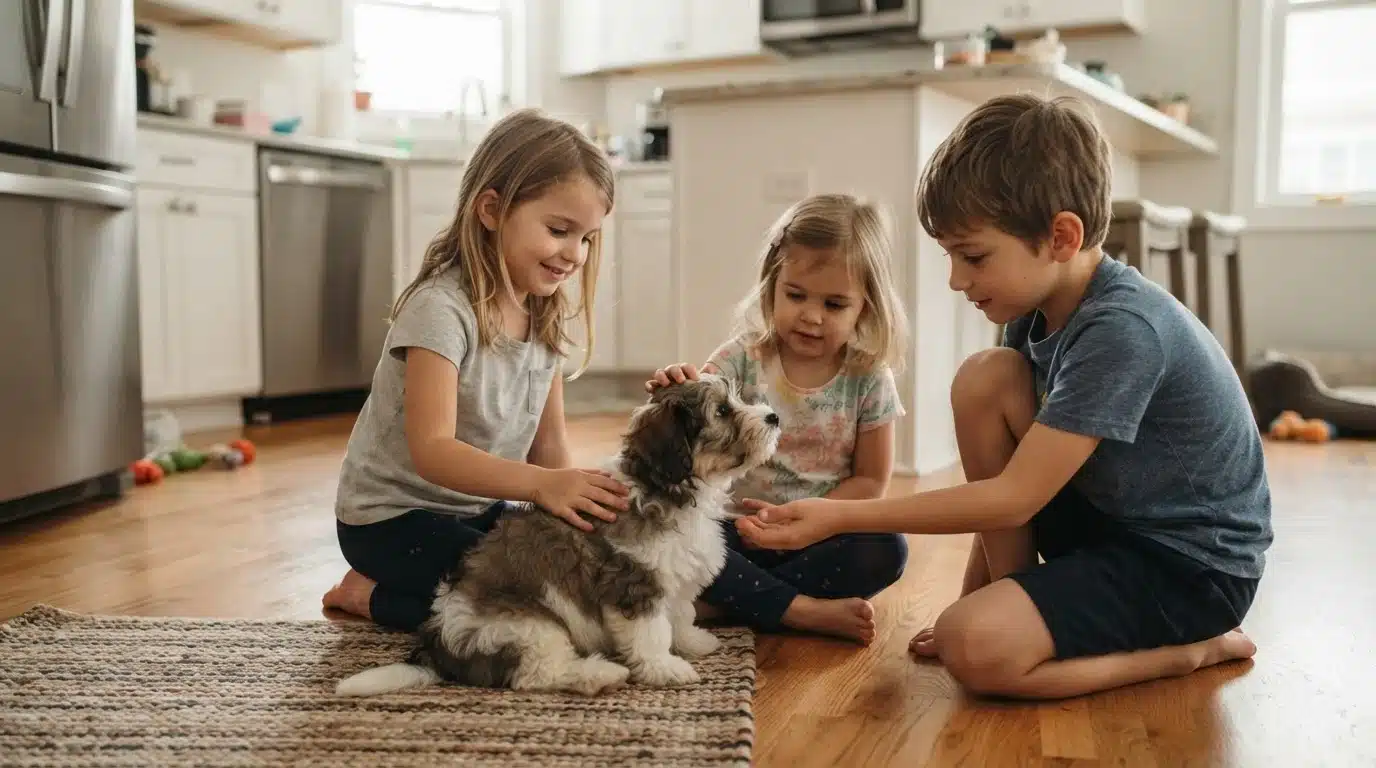 Children Gently Petting a Havanese Puppy