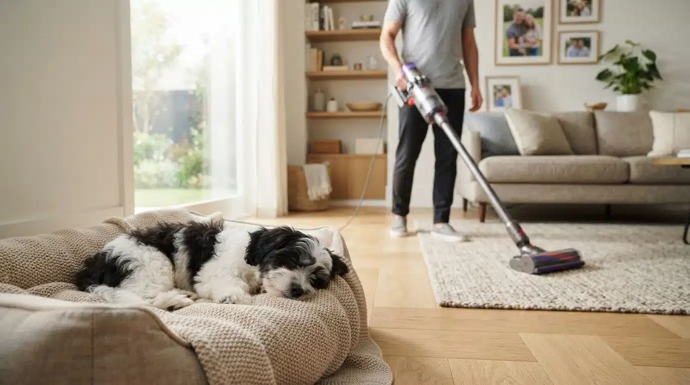 Havanese puppy resting calmly near a vacuum