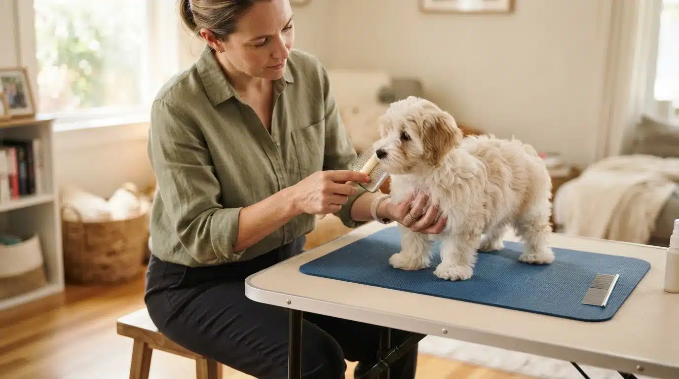 Person gently brushing a Havanese puppy at home