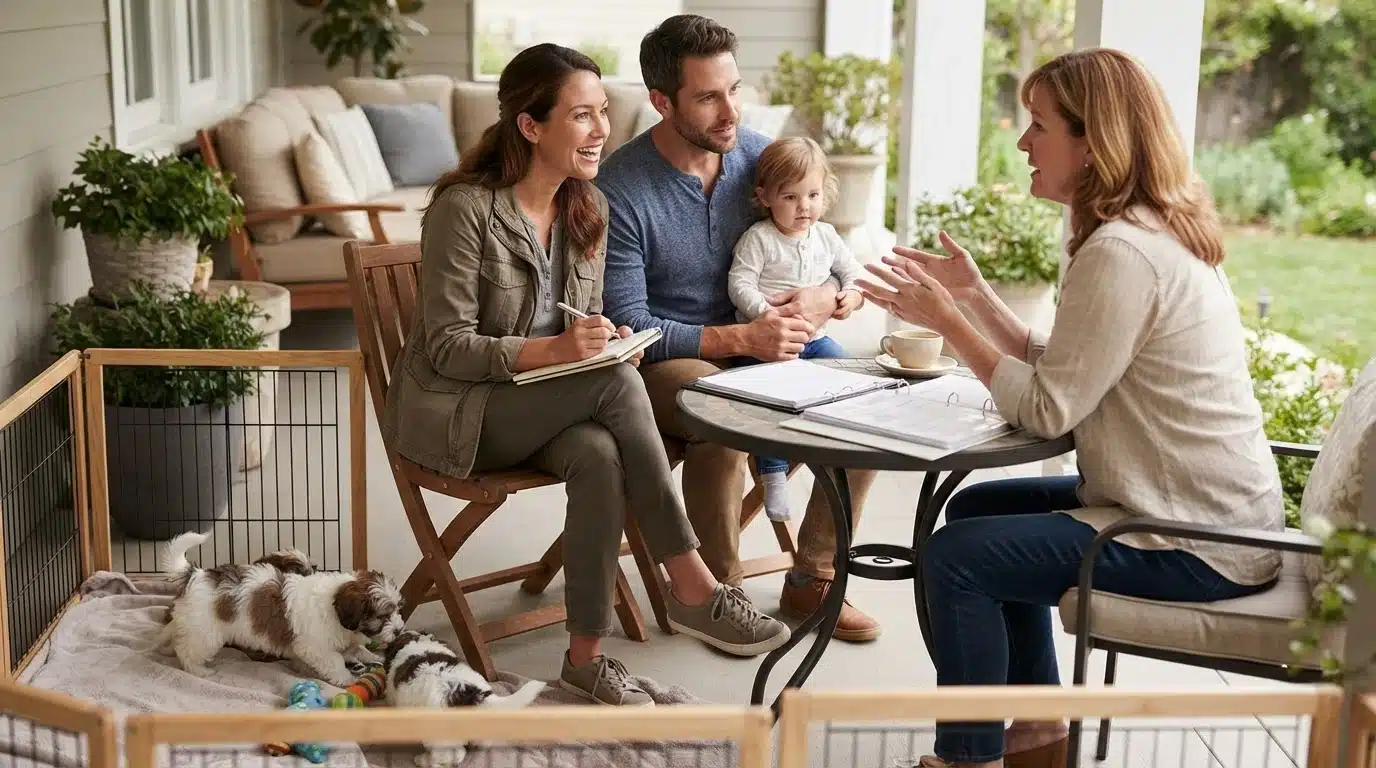Family takes notes beside Havanese puppies and breeder