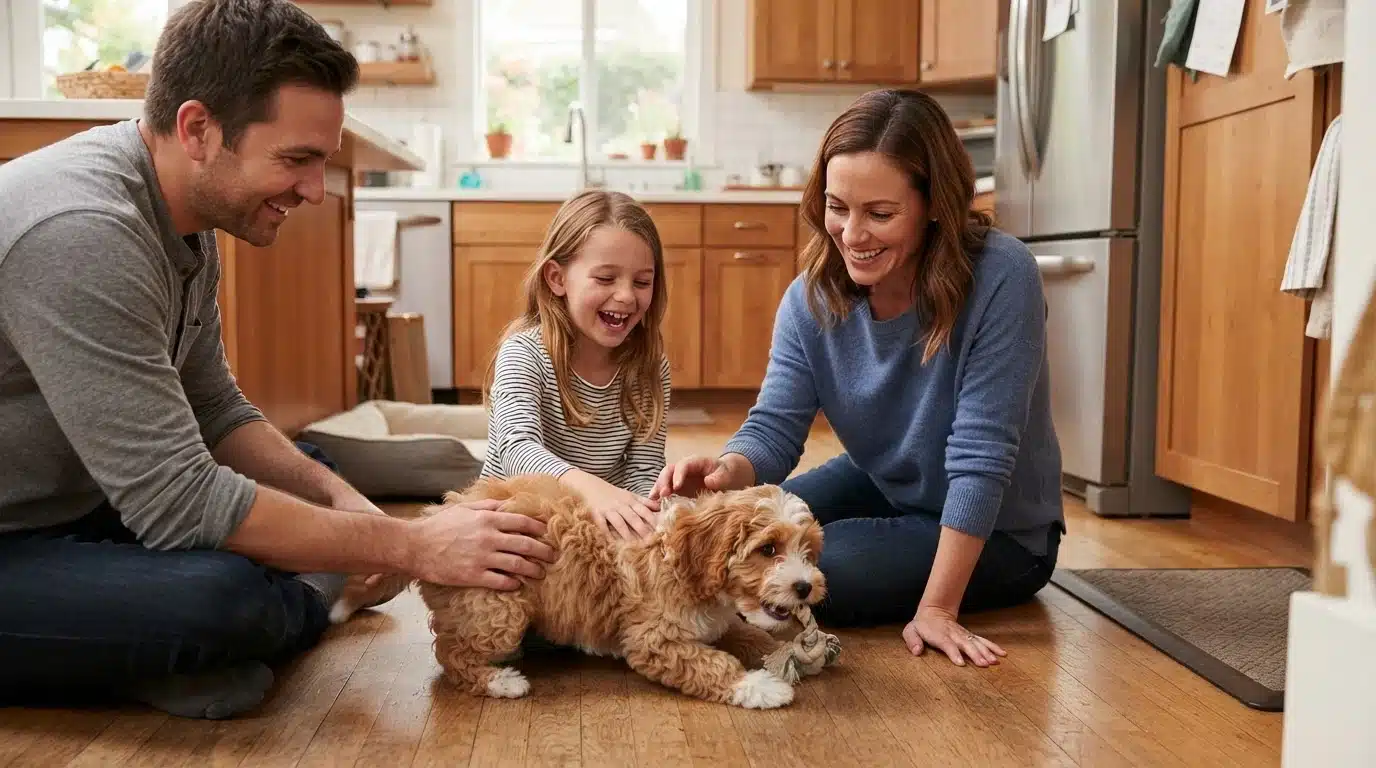 Family Socializing Havapoo Puppy in Kitchen