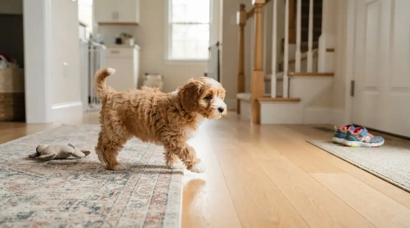 Havapoo puppy exploring a sunlit hallway