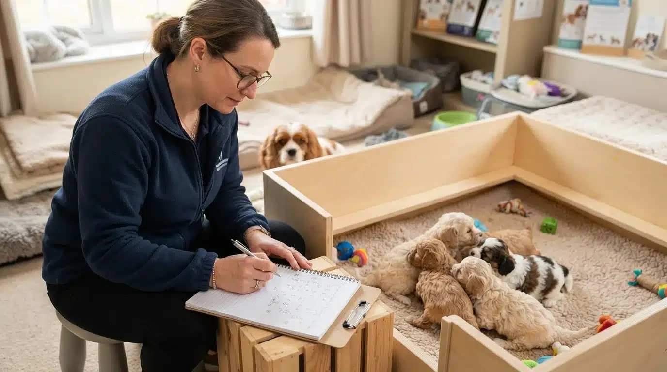Researcher reviews notes beside Havapoo puppies