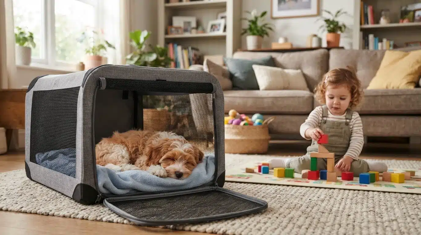 Havapoo puppy resting in a crate beside a toddler