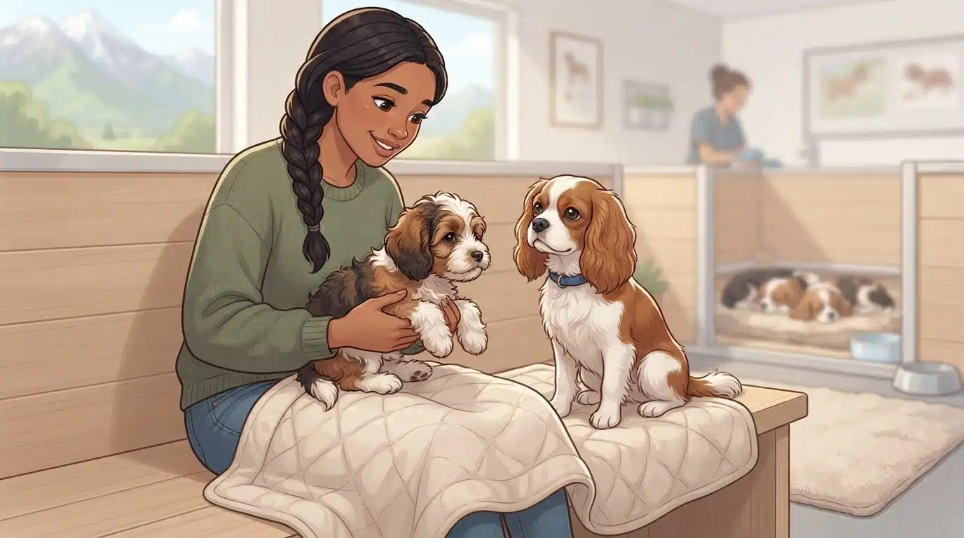 Visitor gently holding puppy near mother dog and blanket