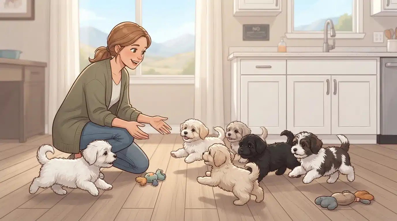 Havanese puppies tumble toward a visitor in a clean kitchen