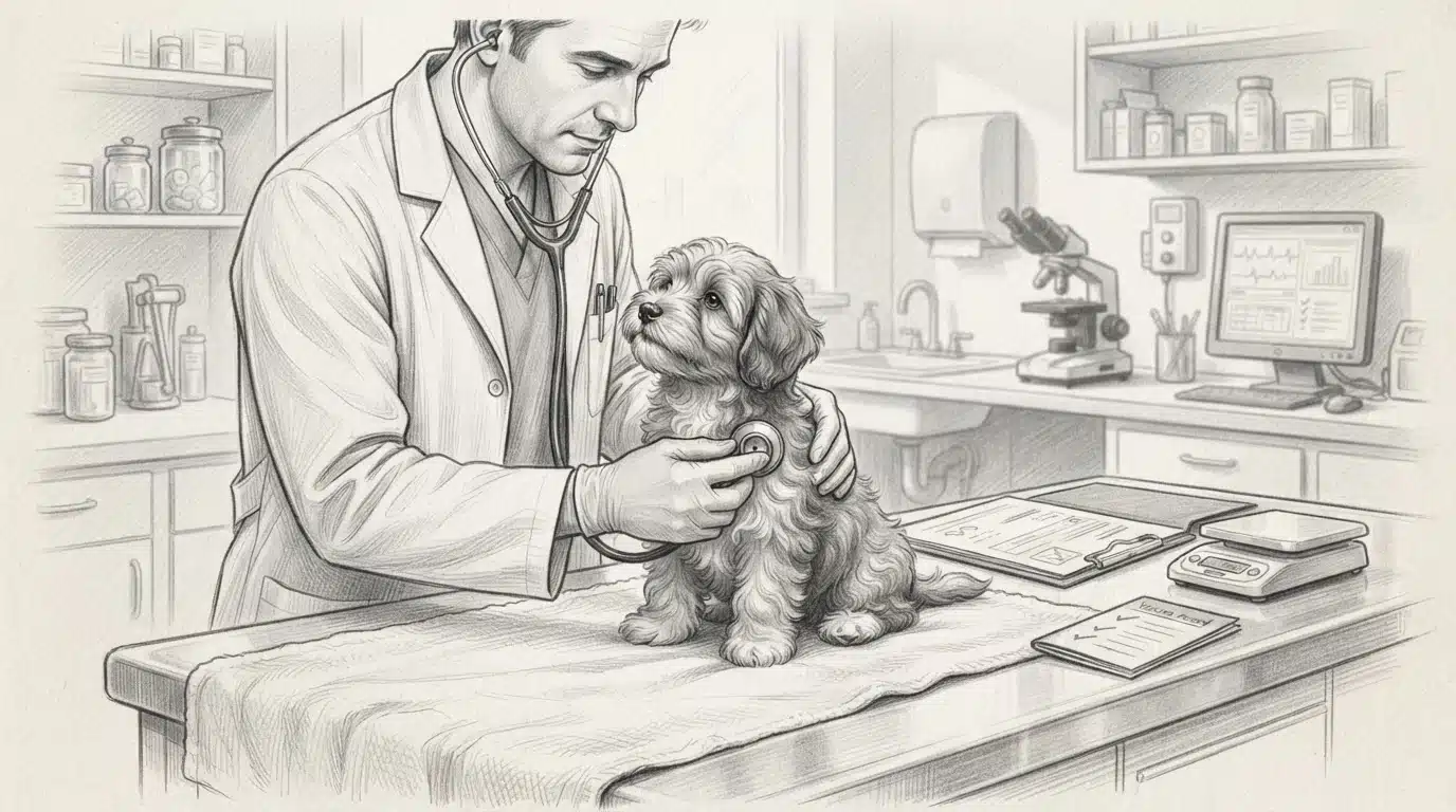Veterinarian examining a small Havanese puppy