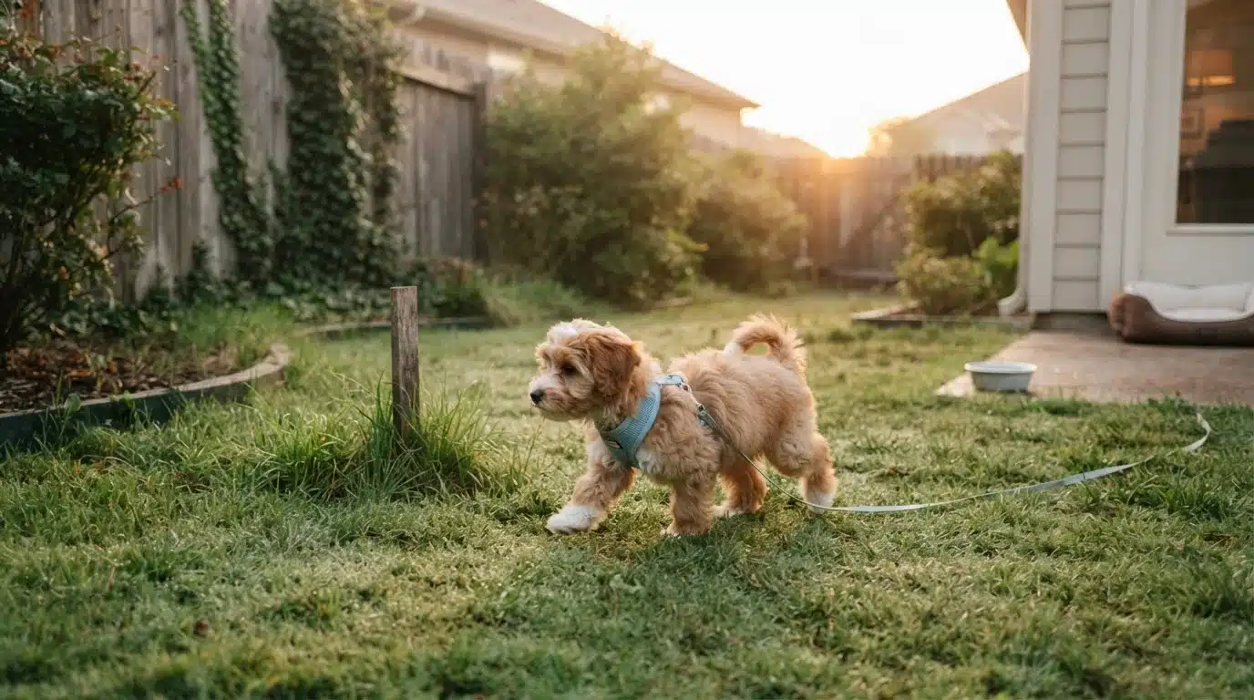 Tiny Havapoo puppy trotting to a grassy potty spot at sunrise