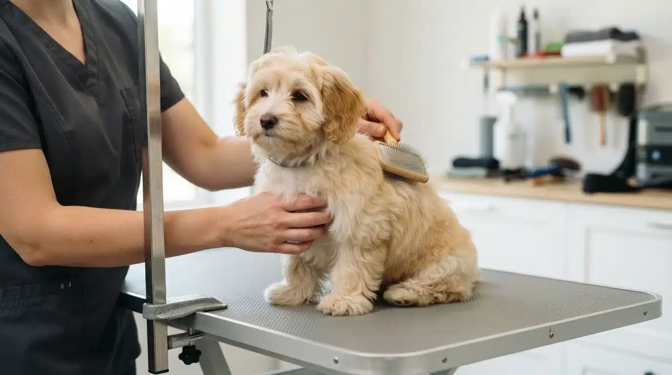 Havanese puppy brushed with a slicker brush