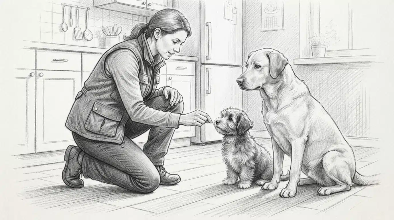 Trainer kneeling beside attentive Havanese puppy and larger dog