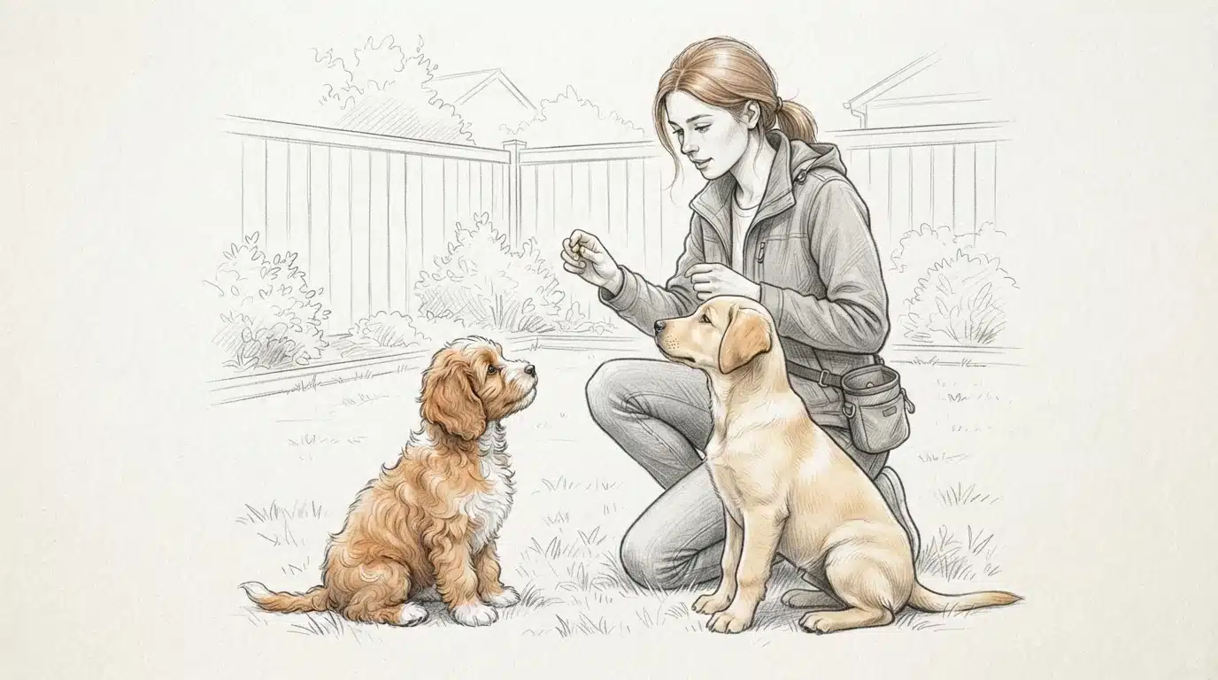 Owner trains attentive small and large puppies with treats