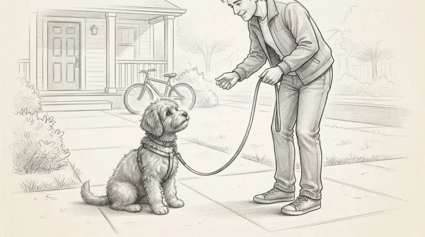 Small Havapoo puppy sitting calmly on a sidewalk