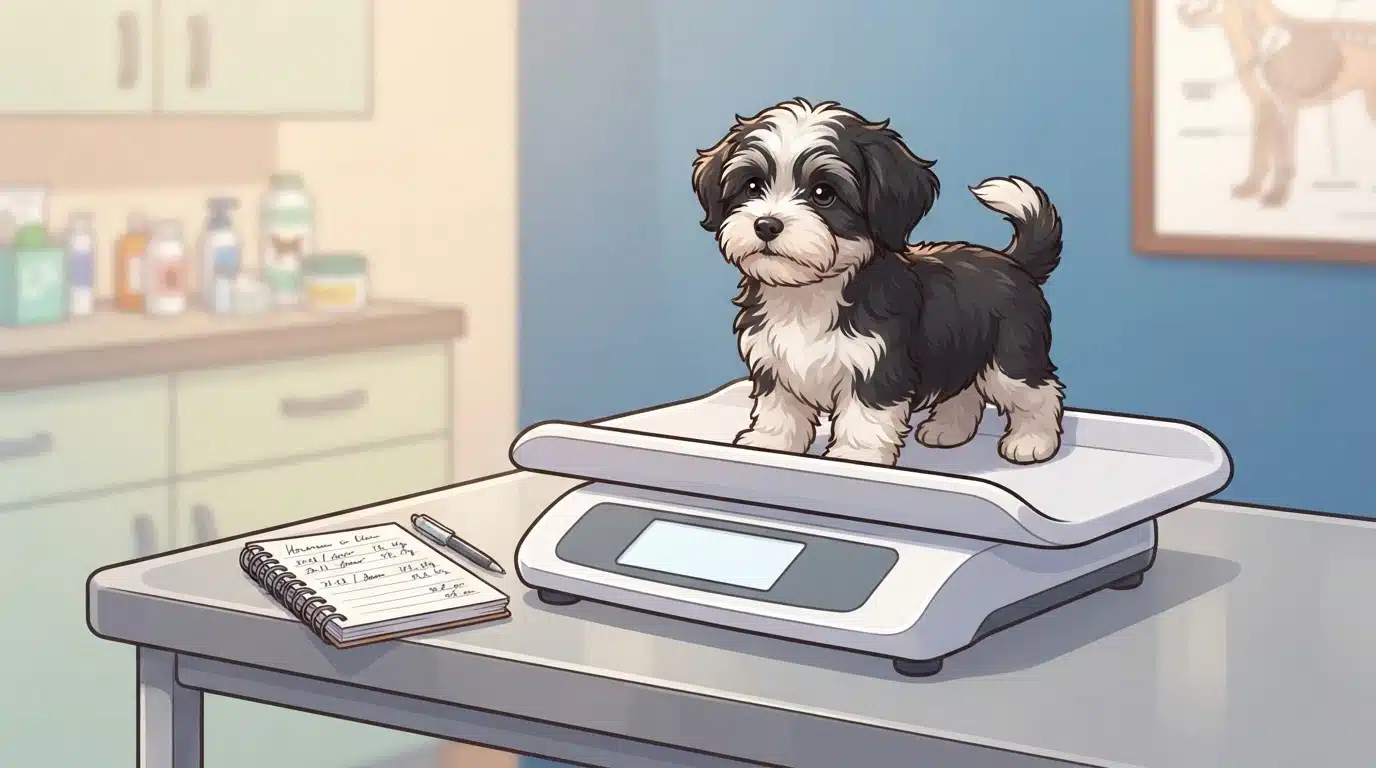 Havanese puppy on bathroom scale beside blank notebook