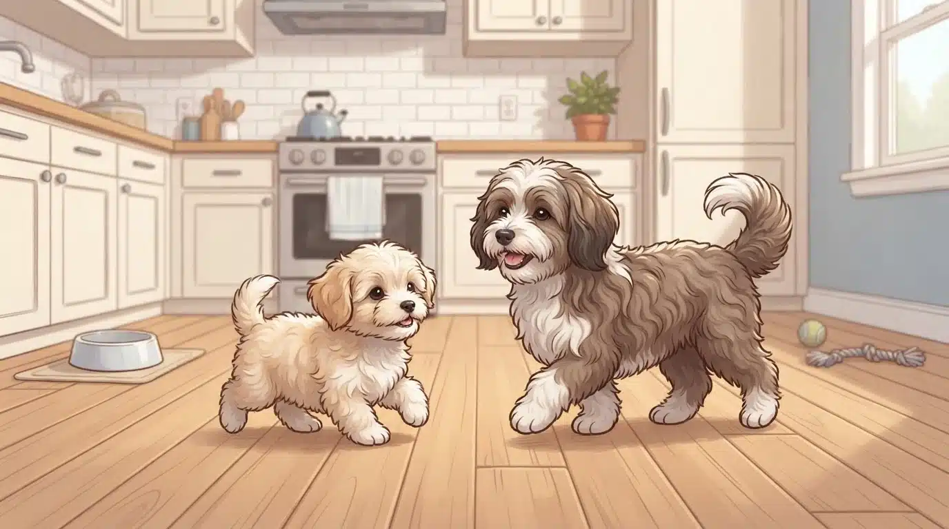 Fluffy Havanese puppies trot across a kitchen floor