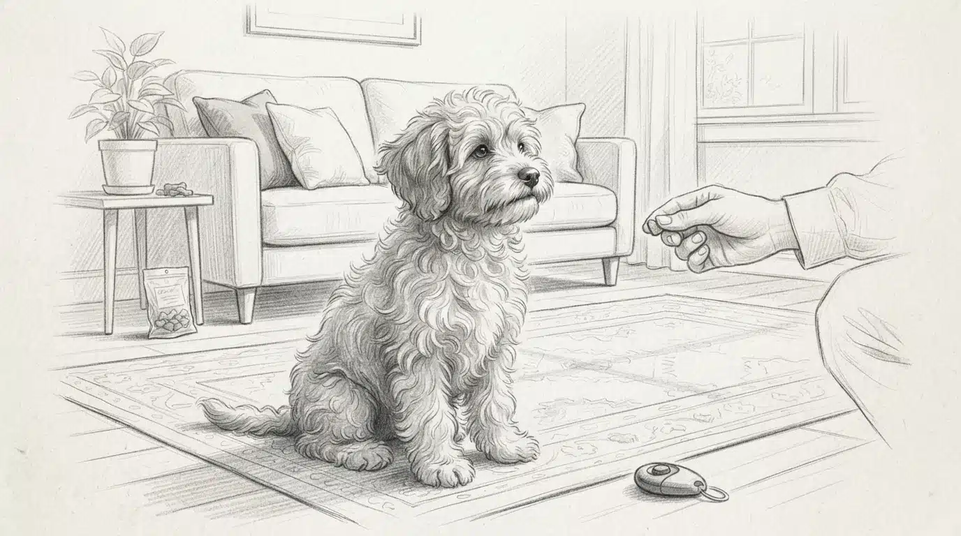 Havapoo puppy attentively receiving a treat reward