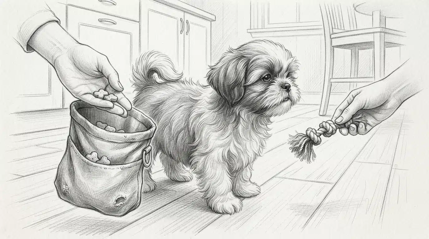 Shih Tzu puppy ignores treats for a toy