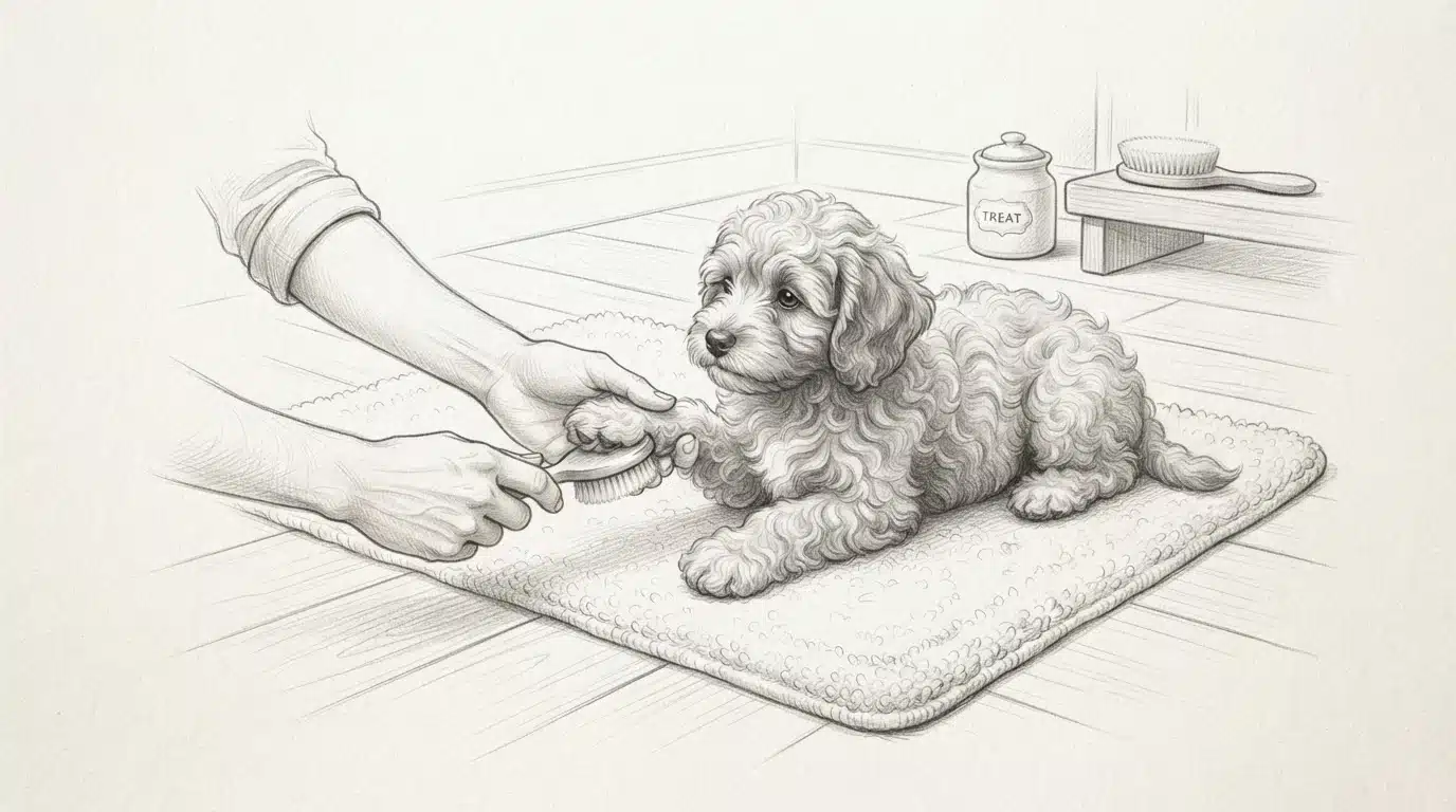 Puppy settles on a bath mat during gentle paw handling
