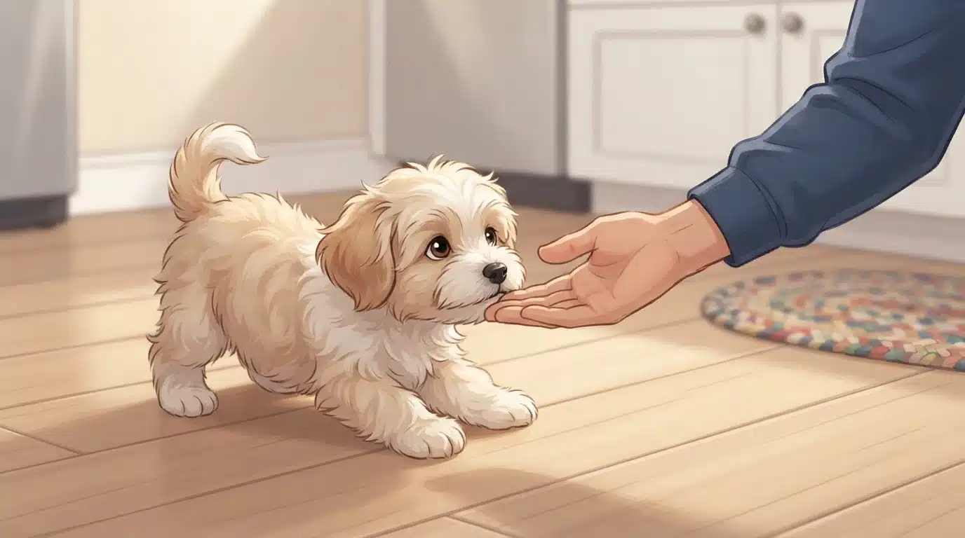 Havanese puppy touching an outstretched hand during kitchen training
