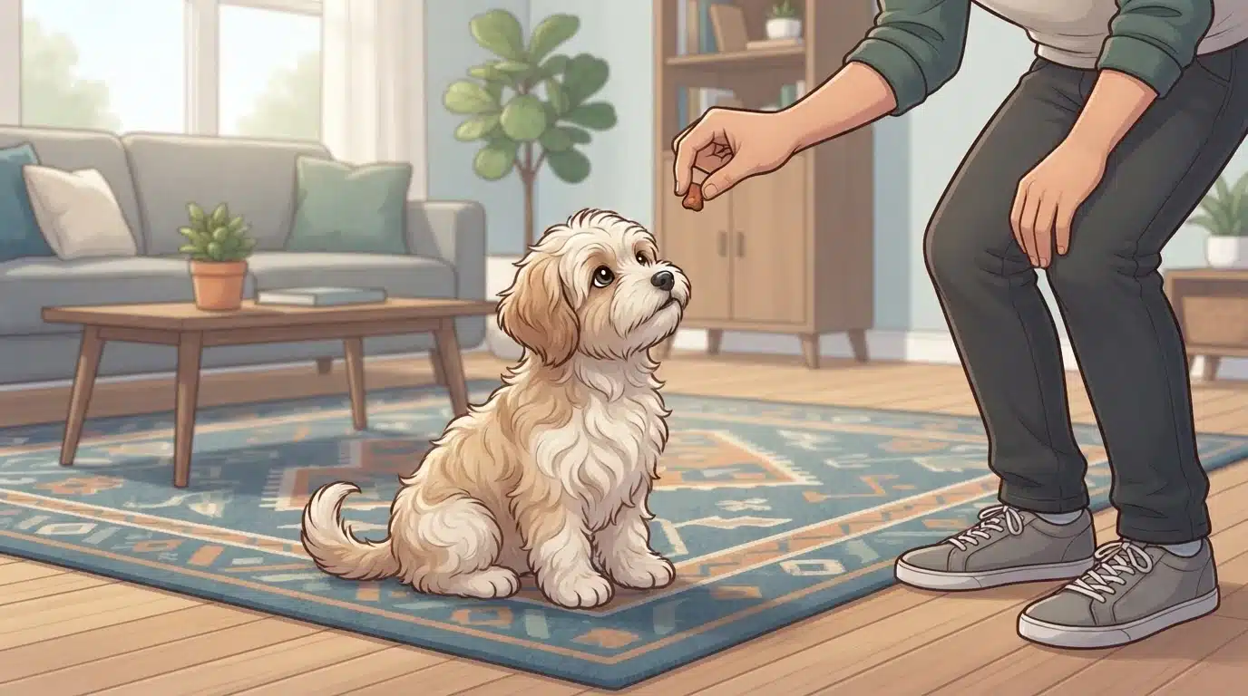 Small Havanese puppy learning cues with a treat