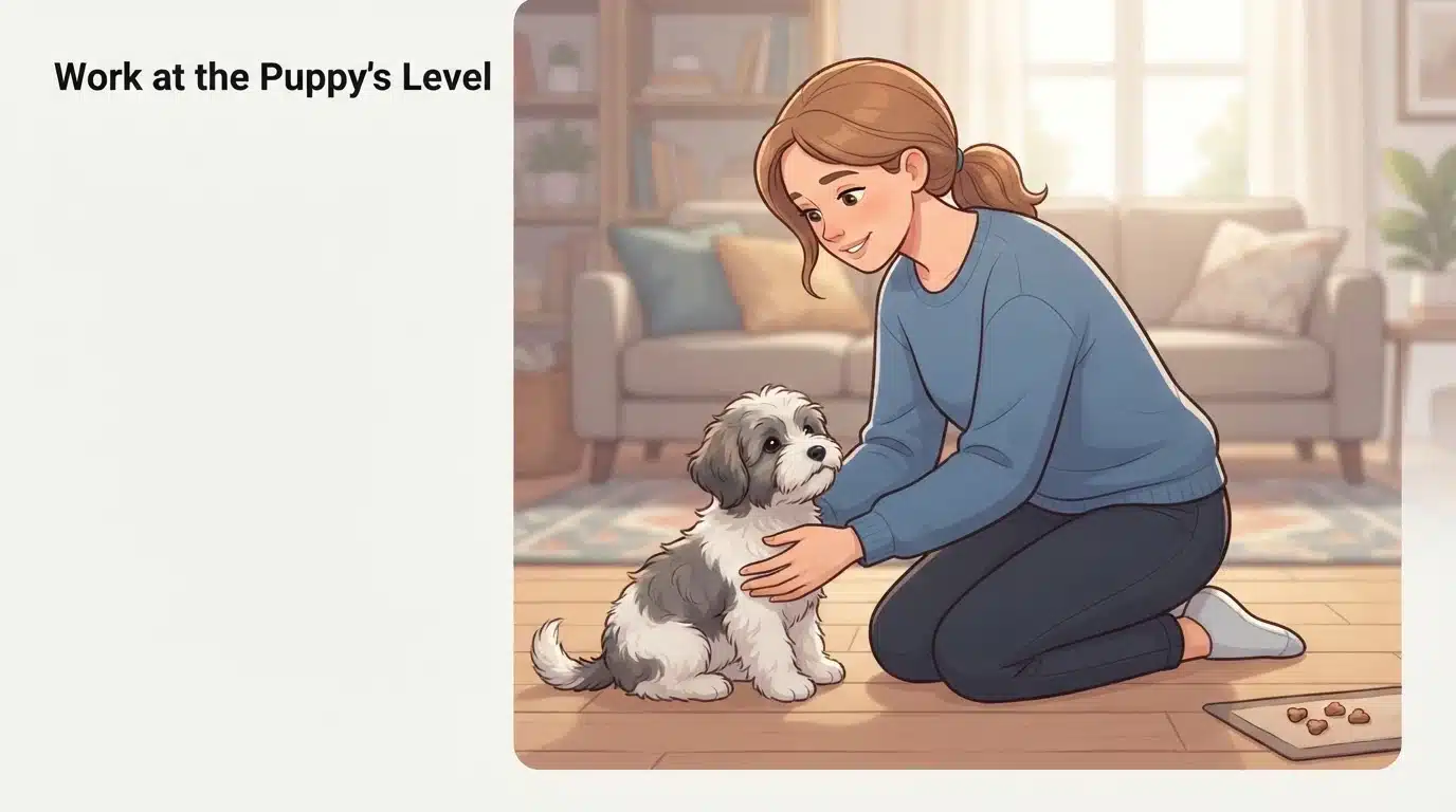 Person kneels to gently lift a Havanese puppy
