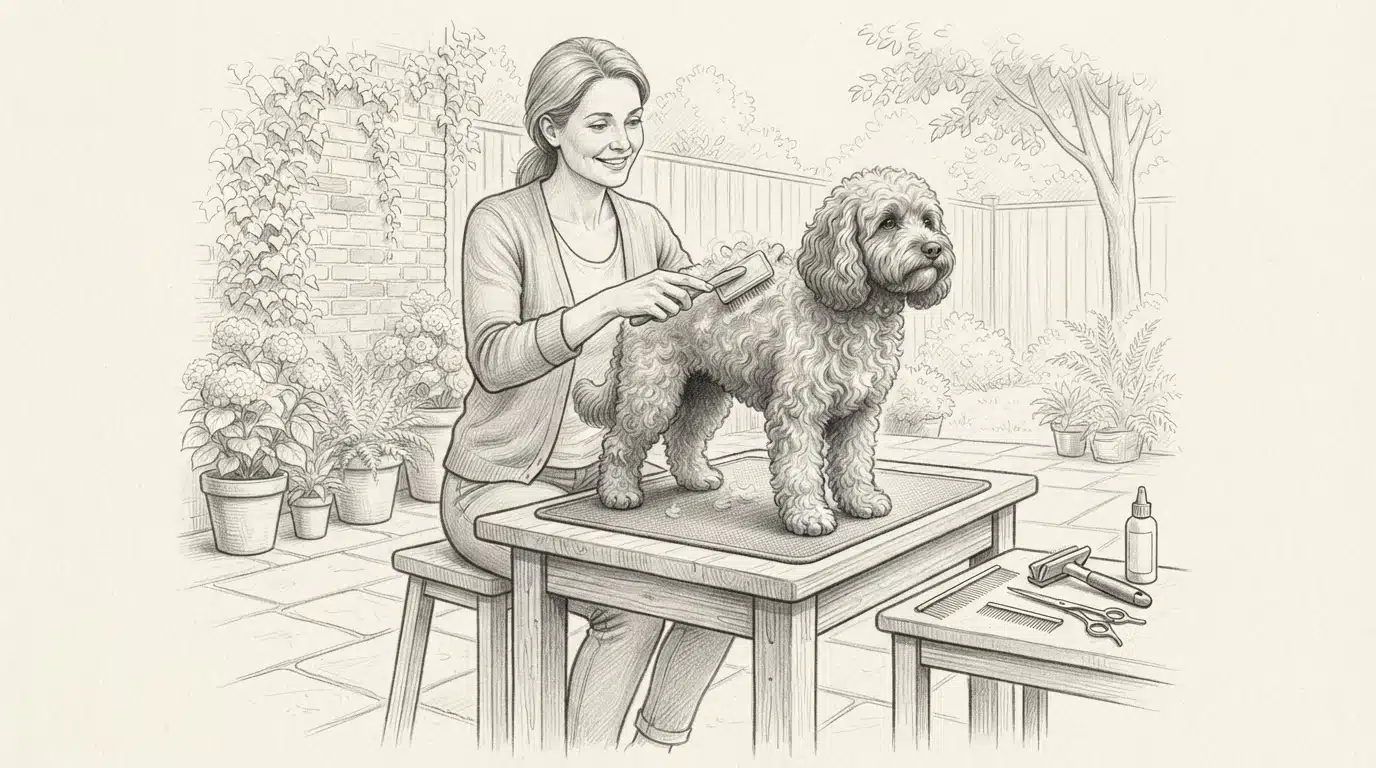 Person brushing a curly poodle mix outdoors