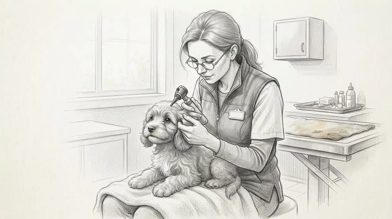 Breeder gently examining a Cavapoo puppy’s ears and skin