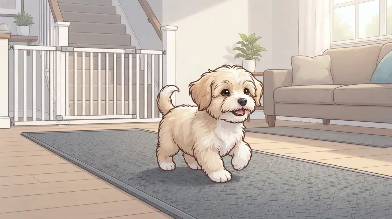 Havanese puppy trots on rubber mat flooring