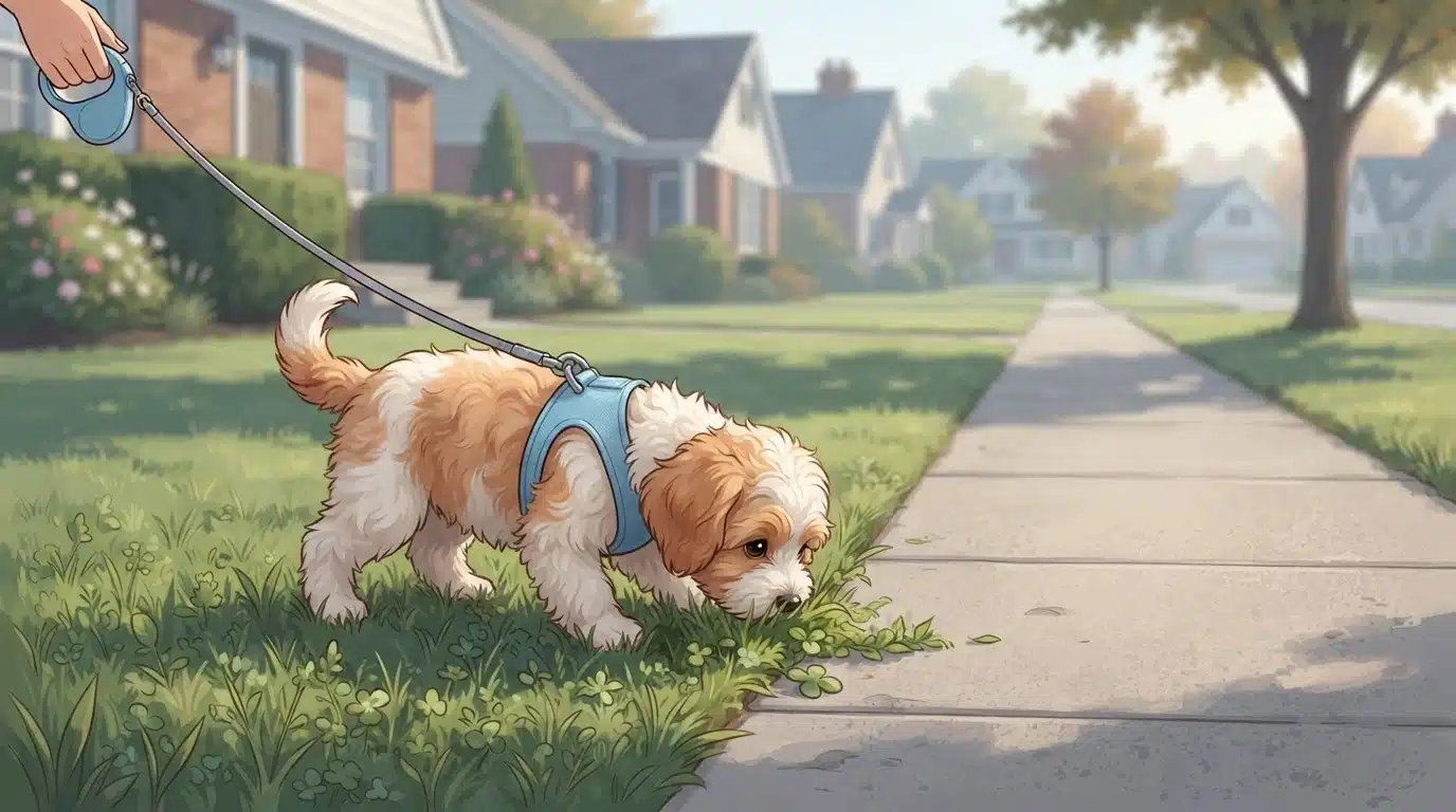 Havapoo puppy sniffing grass on a quiet sidewalk