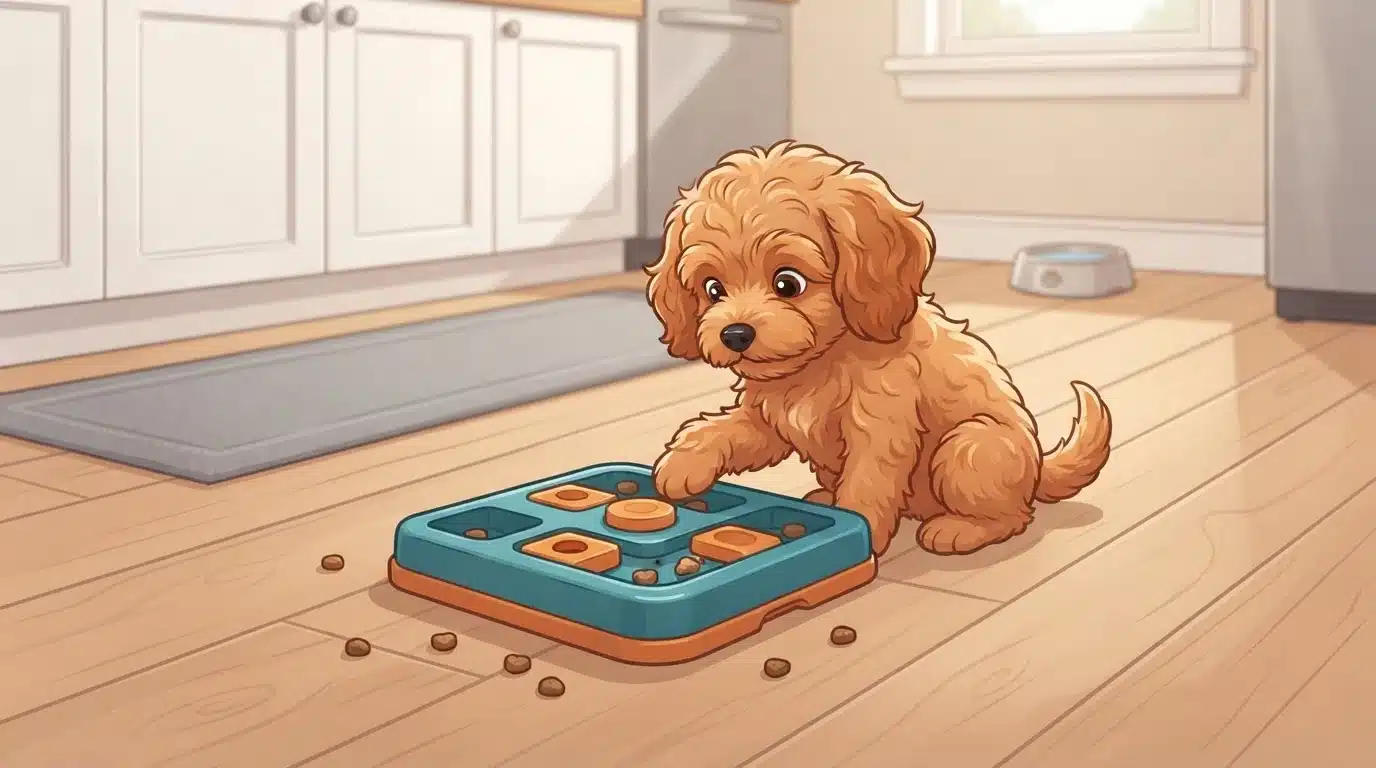 Cavapoo puppy nudges puzzle feeder during kitchen enrichment play