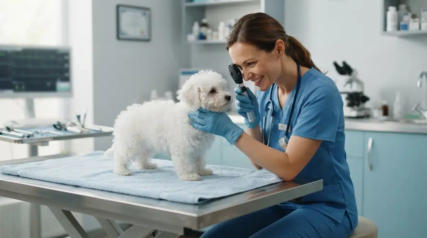 Veterinarian examining a fluffy white puppy