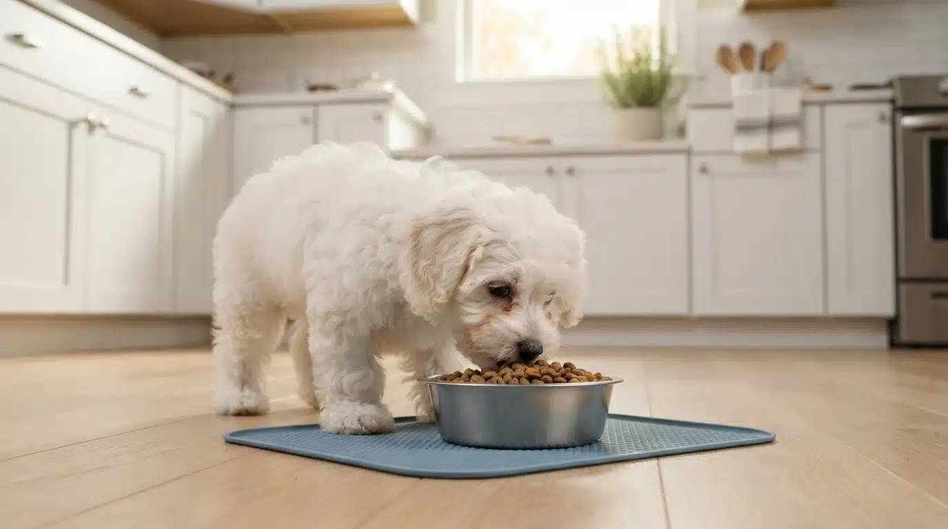 White fluffy puppy eating from a steel bowl in a bright kitchen
