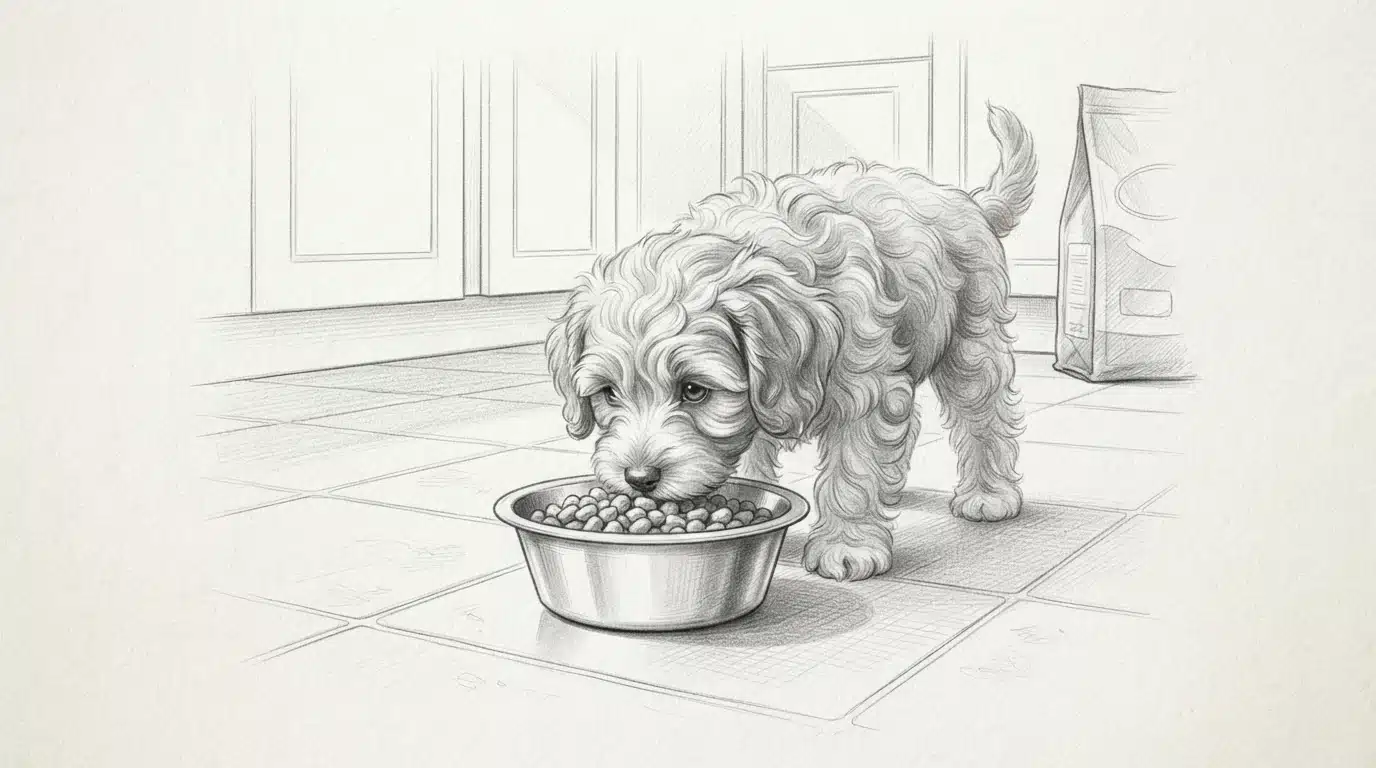 Havapoo puppy eating kibble from steel bowl