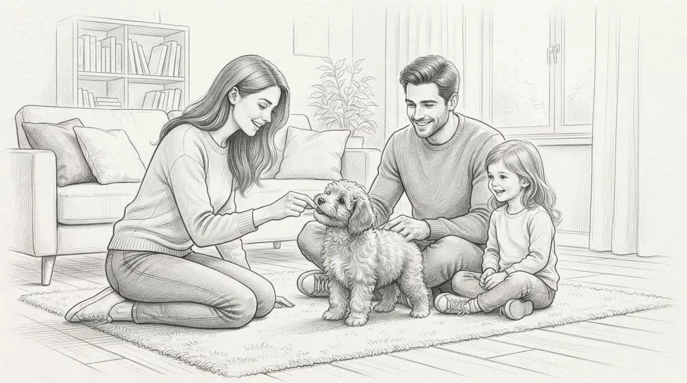 Family rewards a Havapoo puppy with a treat during training