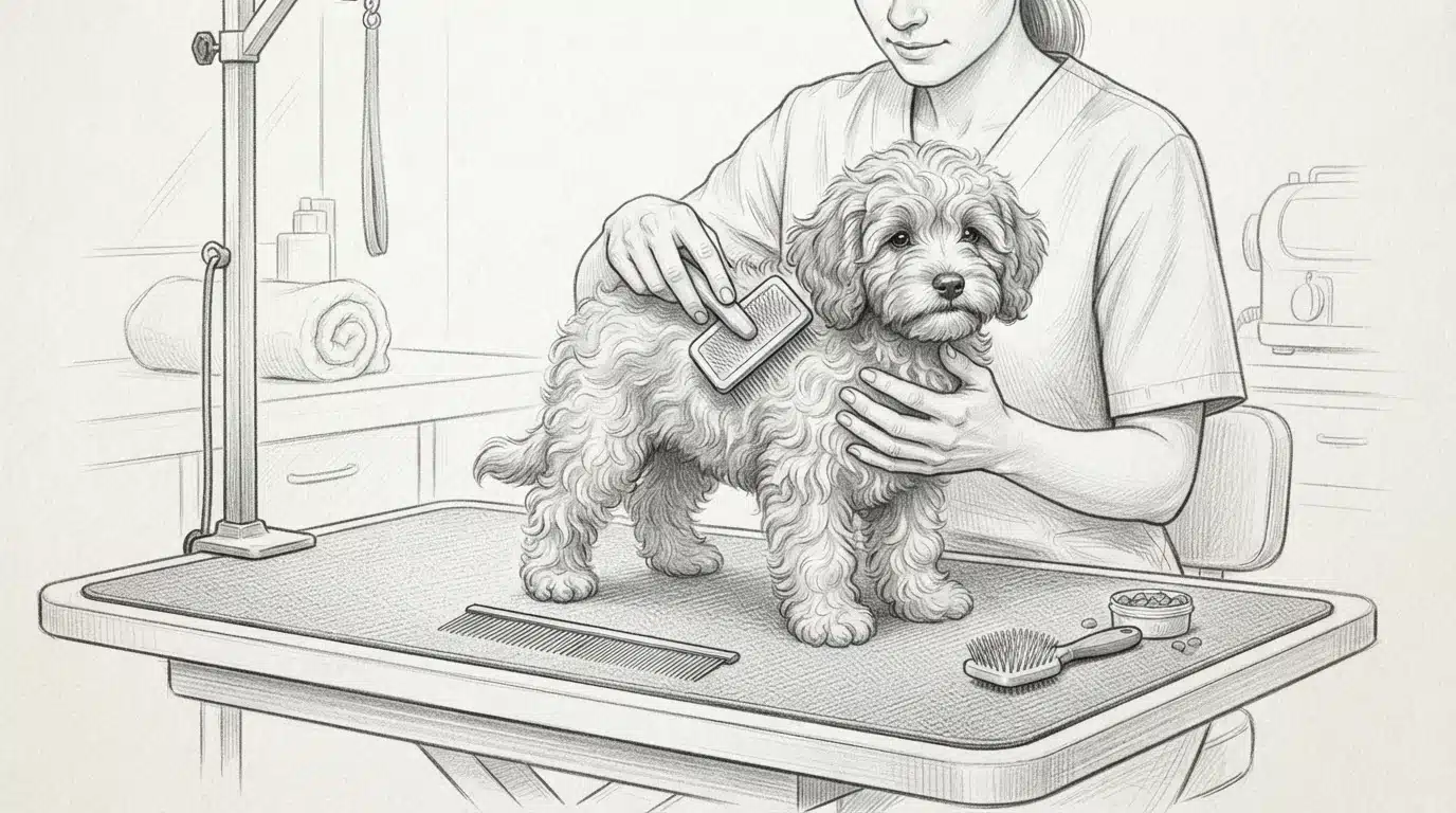 Person brushing a Havapoo puppy on a grooming table