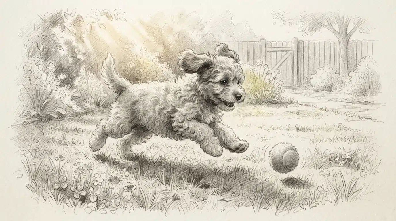 Havapoo puppy chasing a soft ball outdoors