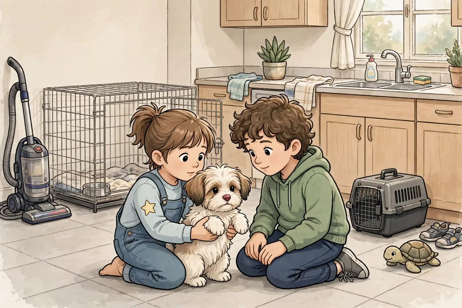 Children gently hold a Havanese puppy on a kitchen floor