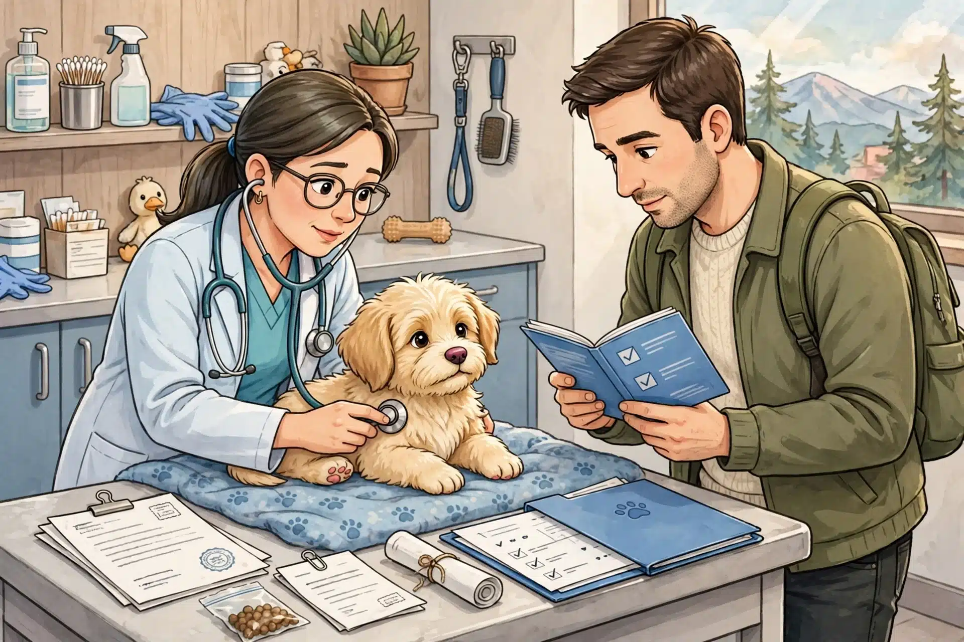 Veterinarian examines fluffy puppy as owner holds records