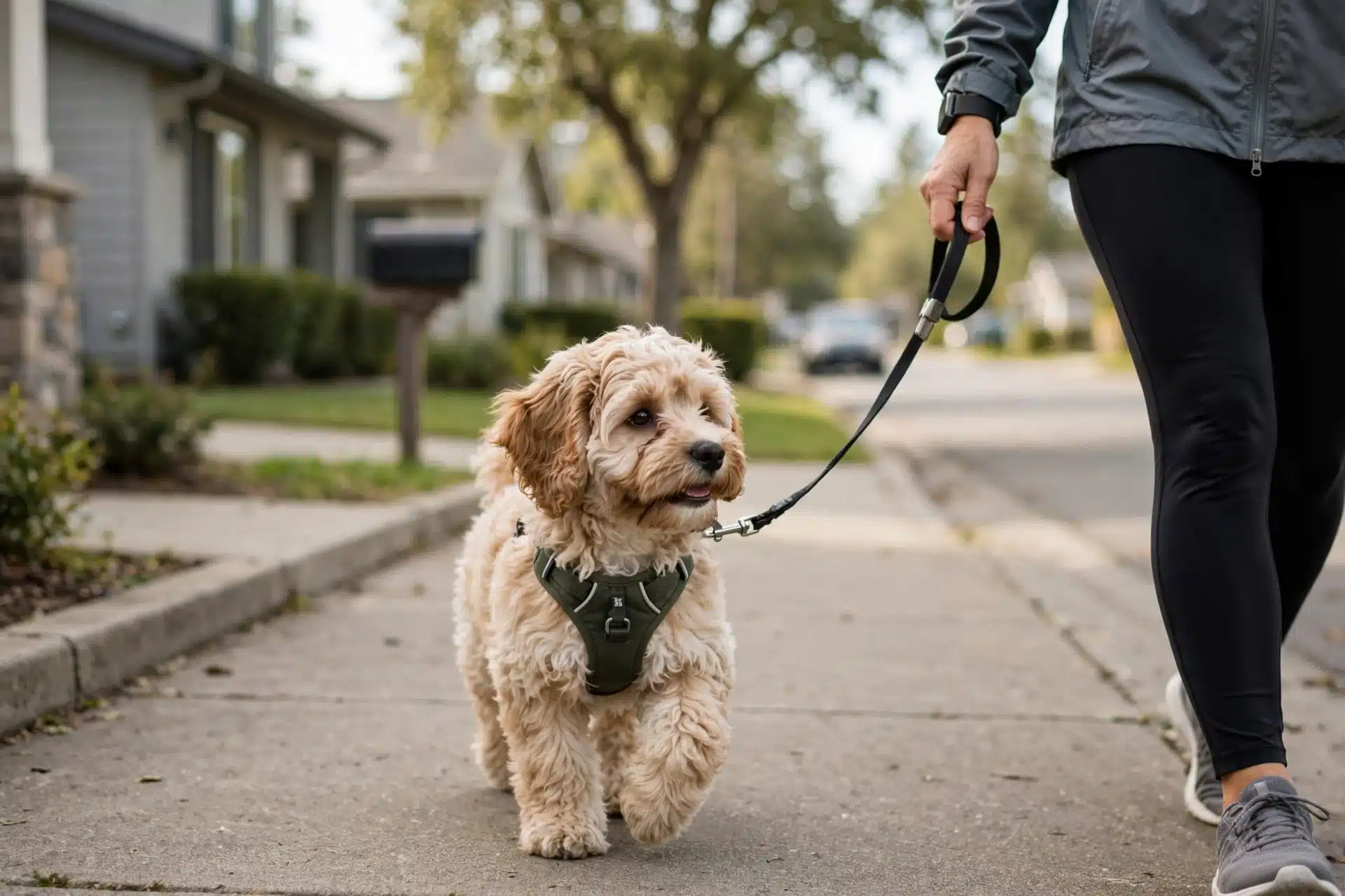 Havapoo puppy trotting on a short leash beside its owner