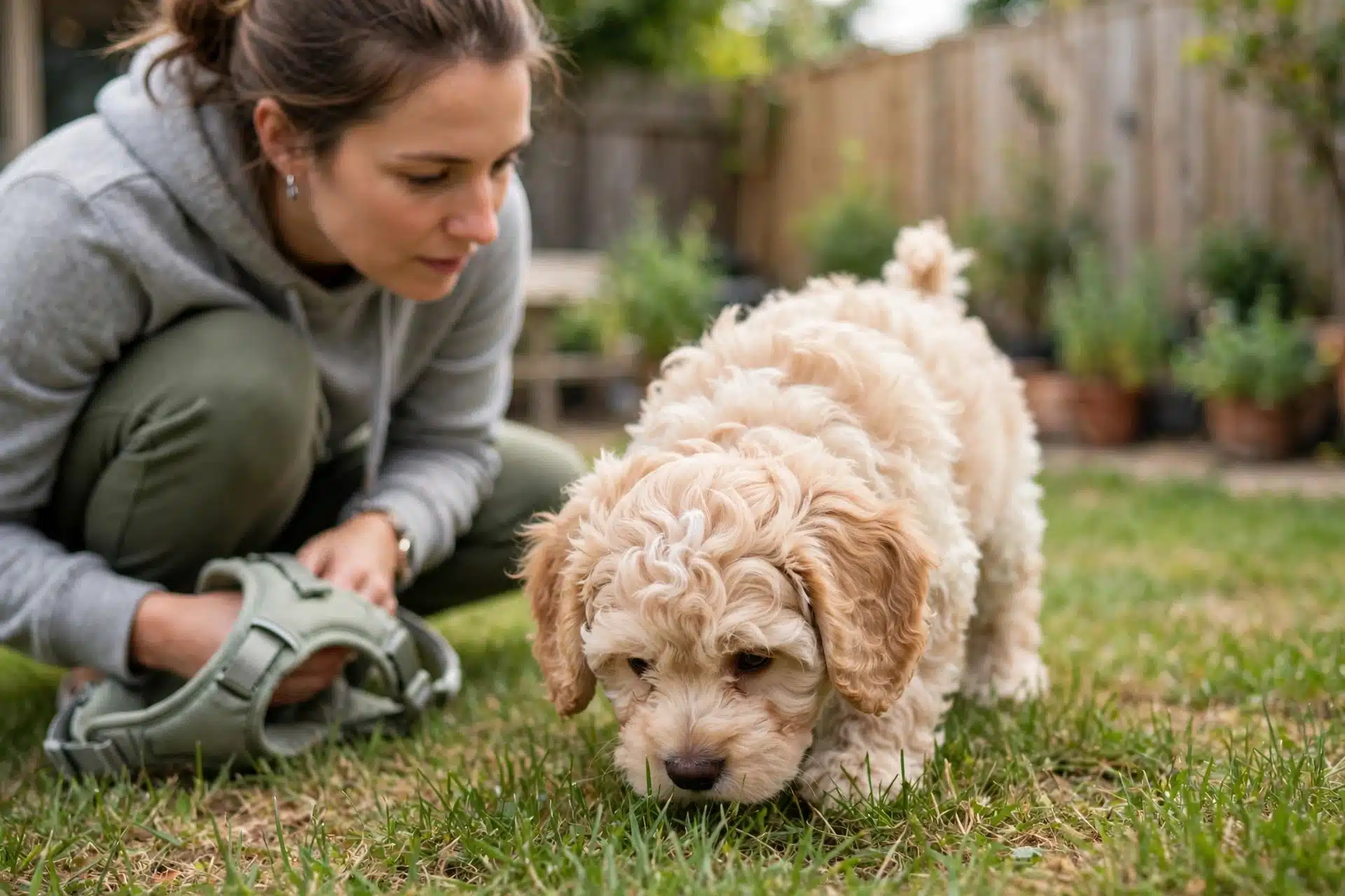 Havapoo puppy sniffing grass during a supervised backyard exercise session