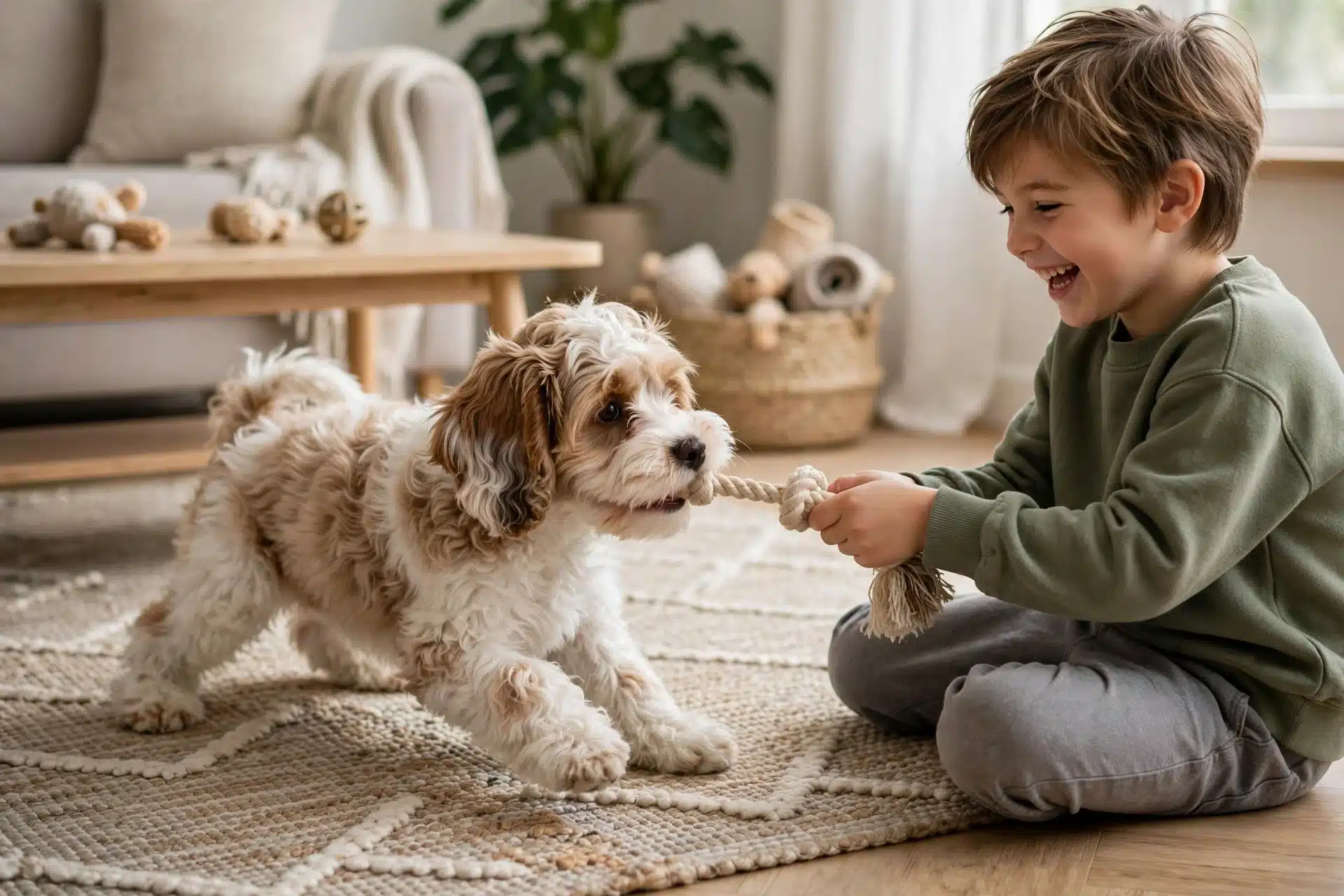 Havapoo puppy playing tug indoors with a child