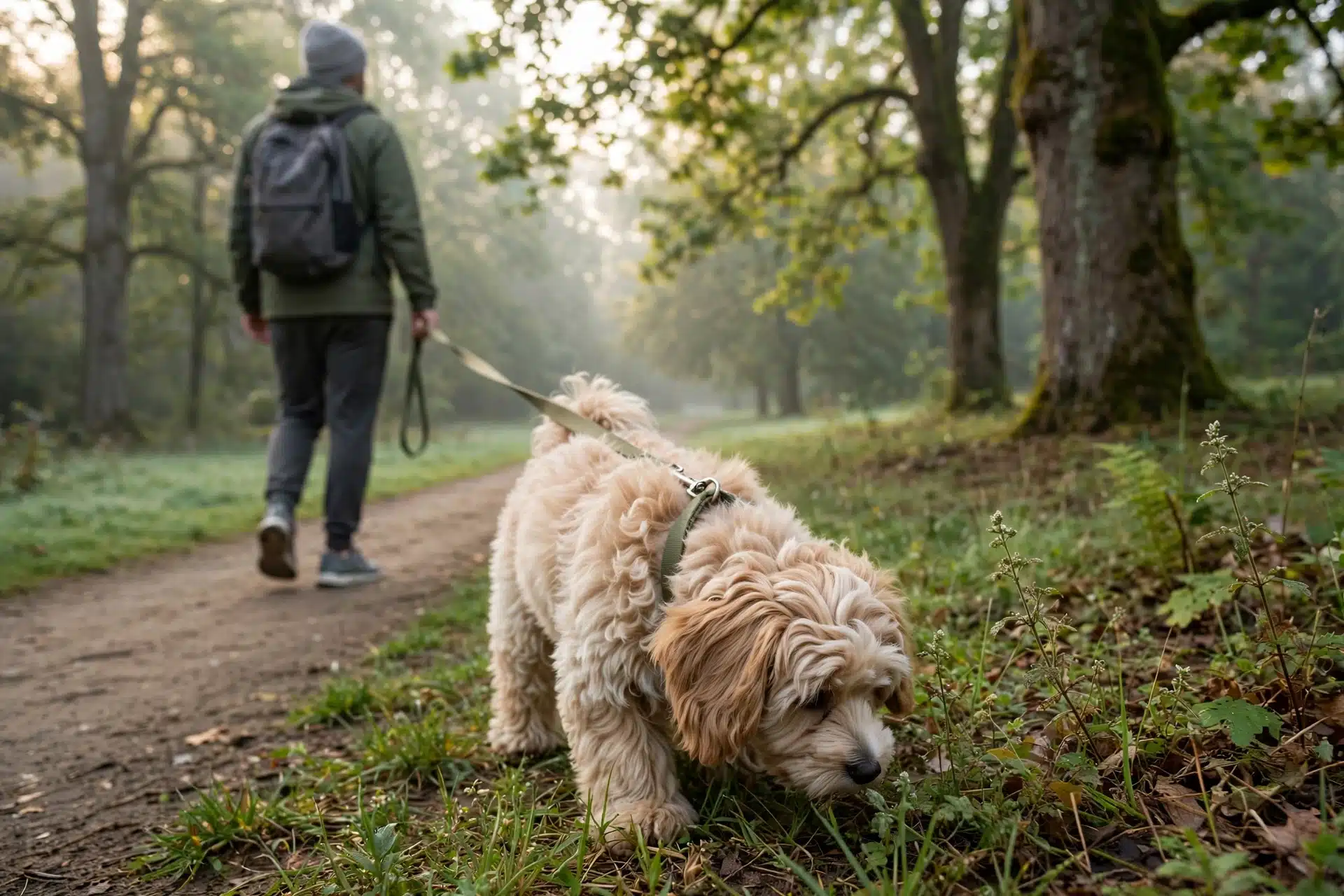 Havapoo explores a tree-lined park trail with owner