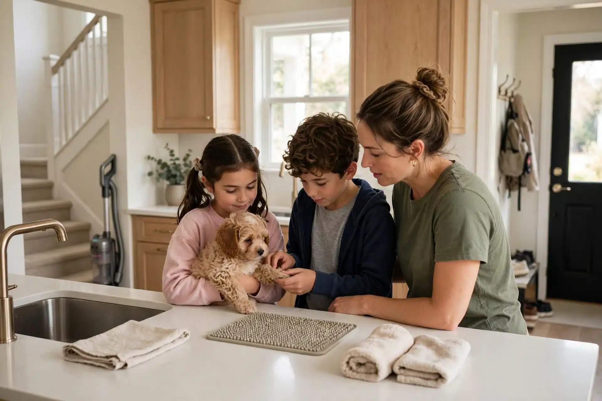 Children gently hold a puppy in a bright kitchen while a parent supervises