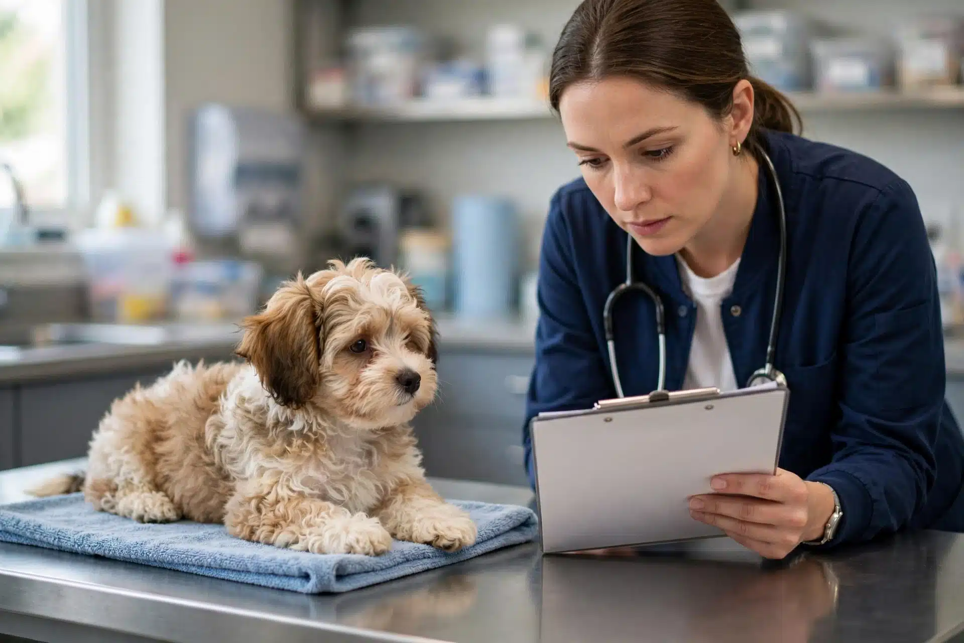 Veterinarian reviews a Havanese puppy’s health record