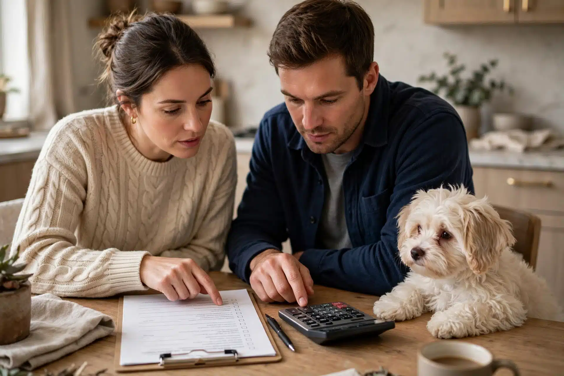 Family reviews puppy budget checklist at kitchen table