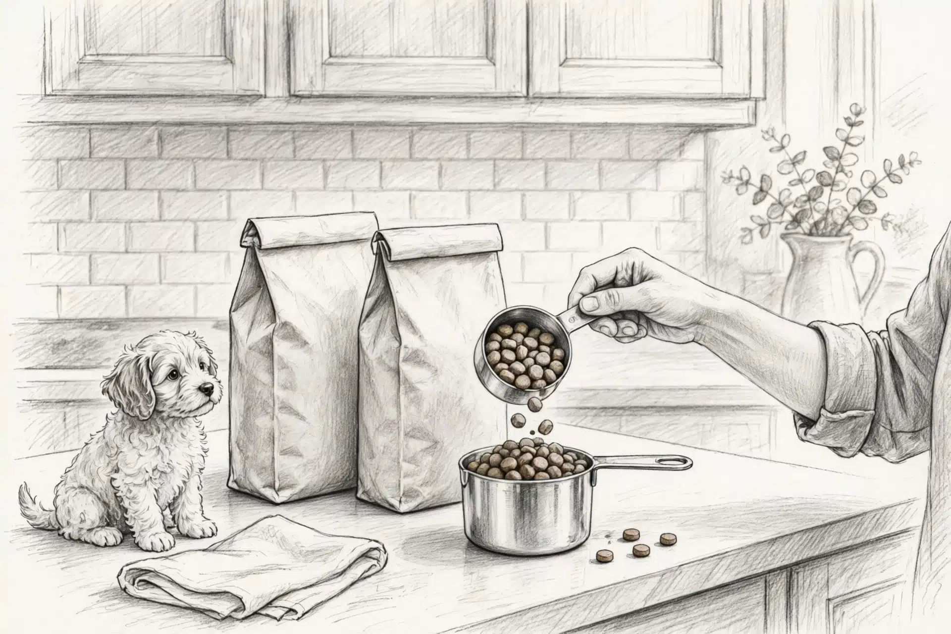Gradually measuring kibble beside two food bags