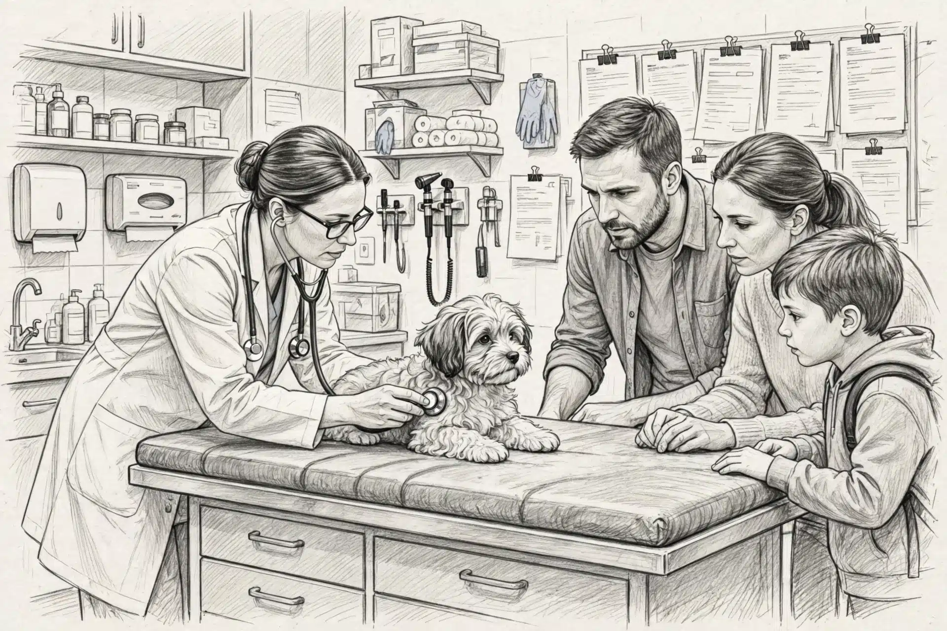 Veterinarian examines a Havanese puppy as