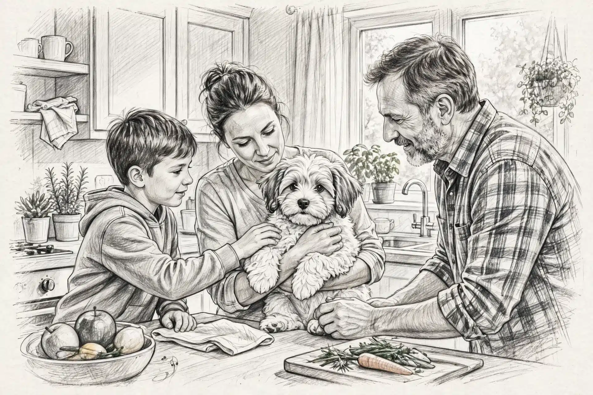 Havanese puppy handled by family in kitchen